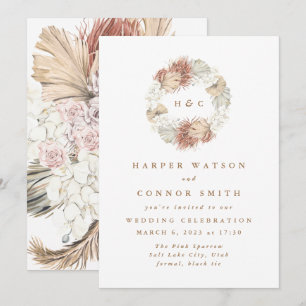 Monogram Wreath Pampas Grass Floral Kaart