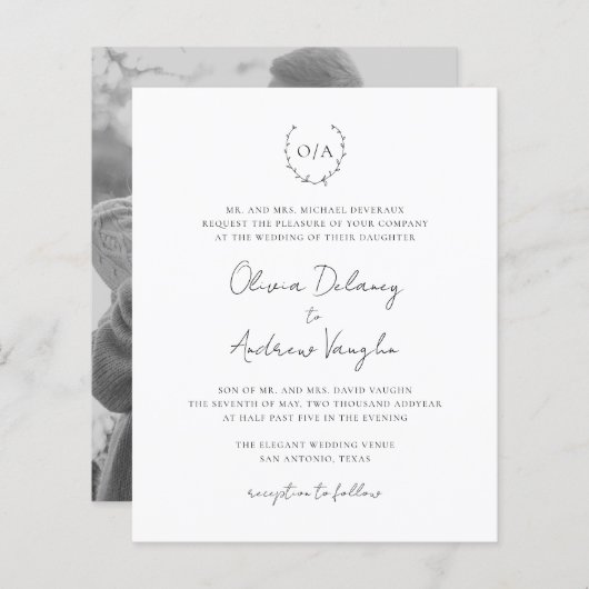Monogram WreatPhoto Budget Wedding Invitation (Voorkant / Achterkant)