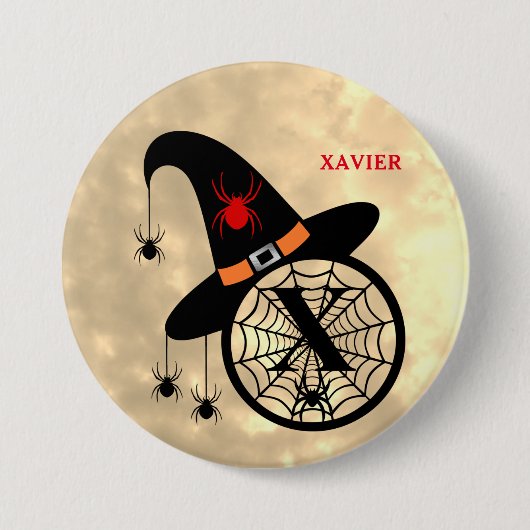 Monogram X Halloween Sky Witch Spiders Name Button (Voorkant)