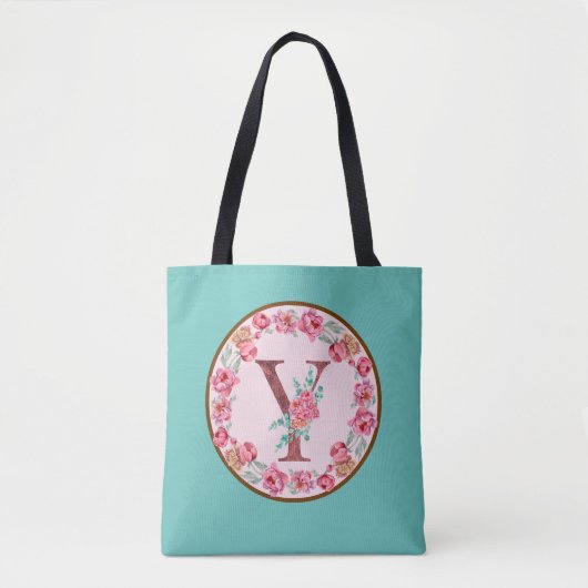 Monogram Y Letter met Peony Flower Afbeelding Canv Draagtas (Voorkant)