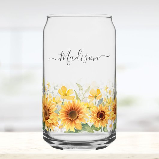 Monogram Yellow Flower Sunflower Floral Botanical Blikvorm Glas