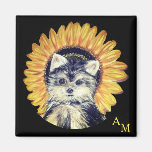 Monogram, Yorkshire hond & zonnebloem op zwart Magneet