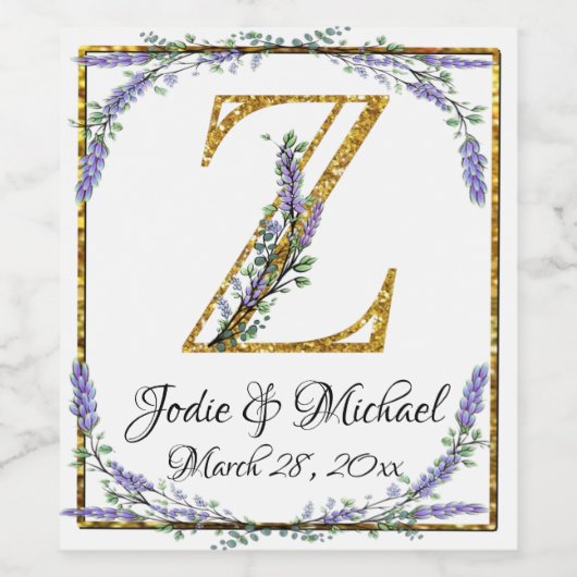 Monogram Z, lavender Eucalyptus, goudspargel Wijn Etiket (Enkel label)