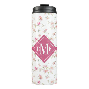 Monogram Zacht roze Waterverf ventilatorpatroon Thermosbeker