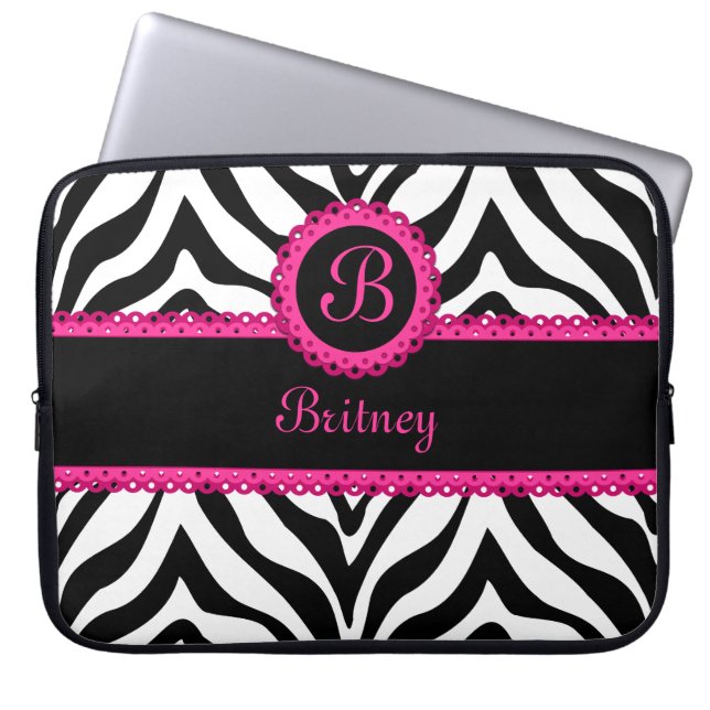 Monogram zebra en Roze kant Laptop Sleeve (Voorkant)