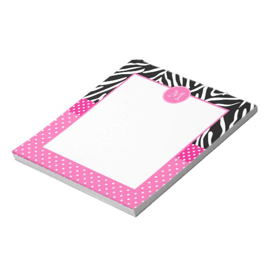 Monogram Zebra met het Hot Pink Polka Dot Pattern Notitieblok (Gedraaid)