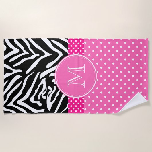 Monogram Zebra met het Hot Pink Polka Dot Pattern Strandlaken (Voorkant)