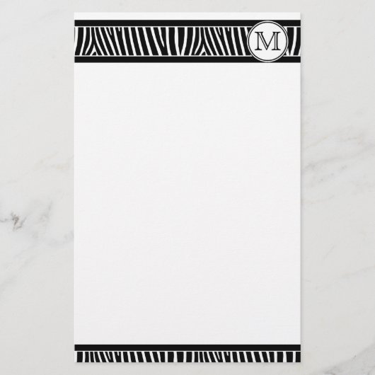 Monogram Zebra Pattern Black White Stationery Briefpapier (Voorkant)