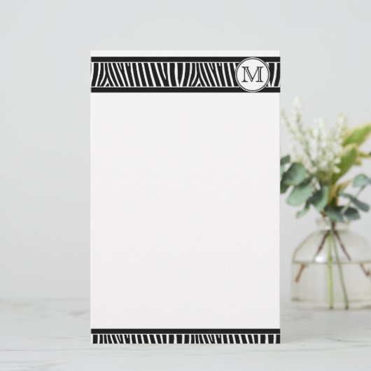 Monogram Zebra Pattern Black White Stationery Briefpapier (Staand voorkant)