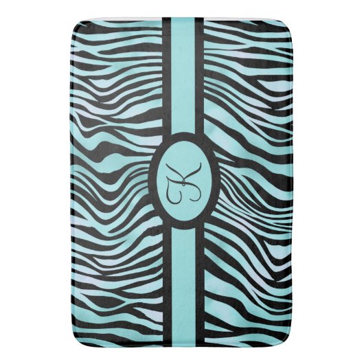 Monogram Zebra print zwart en Blauwgroen Turquoise Badmat (Voorkant Verticaal)