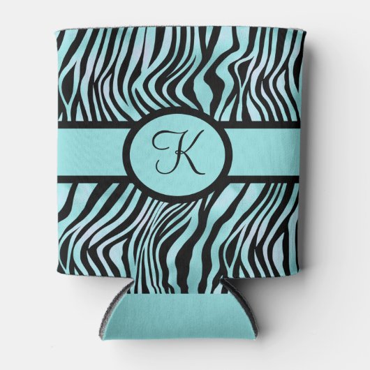 Monogram Zebra print zwart en Blauwgroen Turquoise Blikjeskoeler (Voorkant)