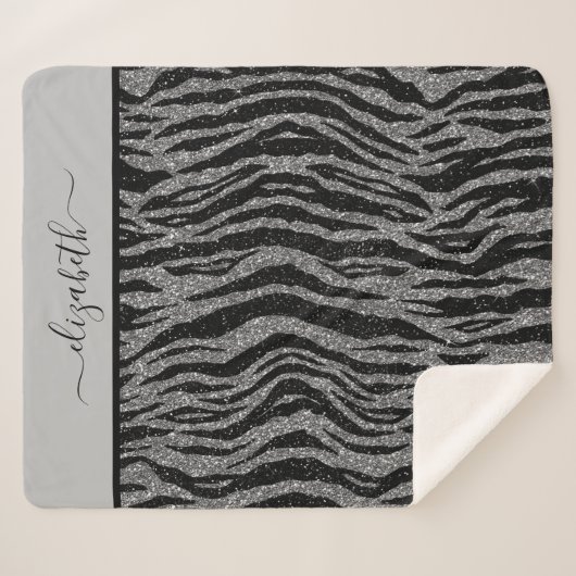 Monogram Zebra Print Zwart en Grijs Zilver Sherpa Deken (Voorkant (horizontaal))