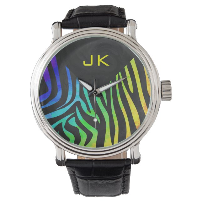 Monogram Zebra, zwart en regenboogdruk Horloge (Voorkant)