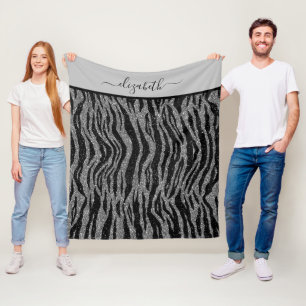 Monogram zebraprint zwart en grijs zilver fleece deken