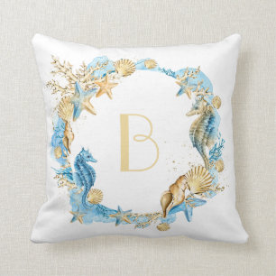 Monogram zee- en Beach Seahorse Kussen