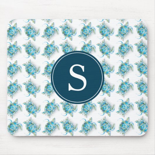 Monogram Zee schildpad turquoise blauw Muismat (Voorkant)