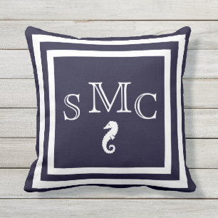 MONOGRAM zeepaardje donkerblauw outdoor nautisch Buitenkussen