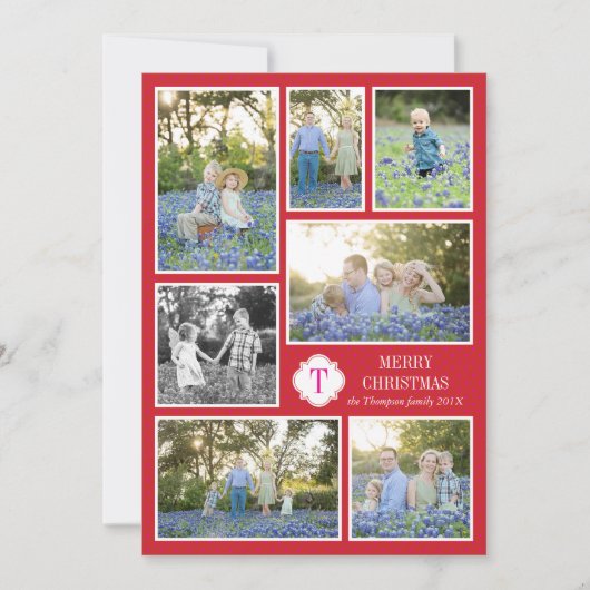 Monogram Zeven Foto Vakantie Kaart Rood Roze Stipp (Voorkant)