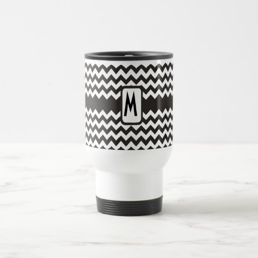 Monogram Zigzag Travel Mug: Zwarte, witte Chevrons Reisbeker (Center)