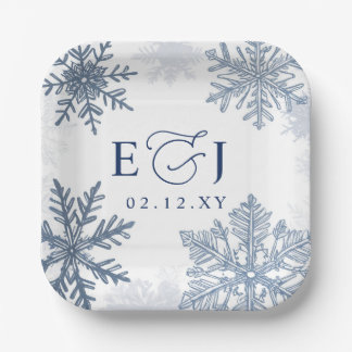 Monogram Zilver Blauwe Sneeuwvlokken Winter Bruilo Papieren Bordje