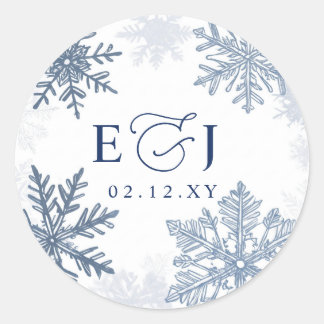 Monogram Zilver Blauwe Sneeuwvlokken Winter Bruilo Ronde Sticker