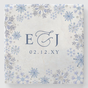 Monogram Zilver Blauwe Sneeuwvlokken Winter Bruilo Stenen Onderzetter
