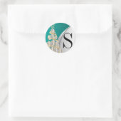 Monogram Zilver, Goud en Blauwgroen Vrolijk Kerstf Ronde Sticker (Tas)