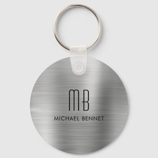Monogram Zilver Grijs Faux Geborsteld Metaal Sleutelhanger (Voorkant)
