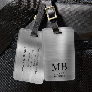 Monogram Zilver Grijs Geborsteld Nep Metallic Prin Bagagelabel