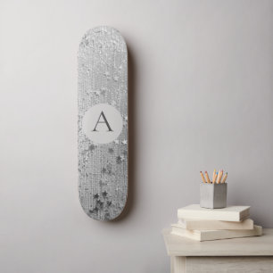 Monogram Zilver Stardust Glitter op Silver Burlap Skateboard