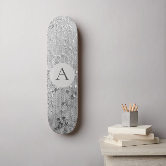 Monogram Zilver Stardust Glitter op Silver Burlap Skateboard (Muurkunst)