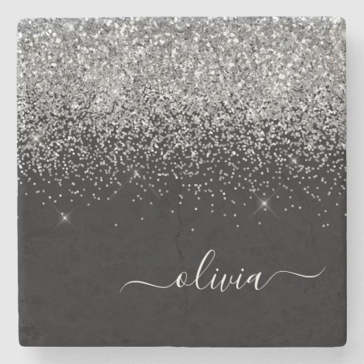 Monogram Zilver Zwart Glitter Script Girly Naam Stenen Onderzetter (Voorkant)