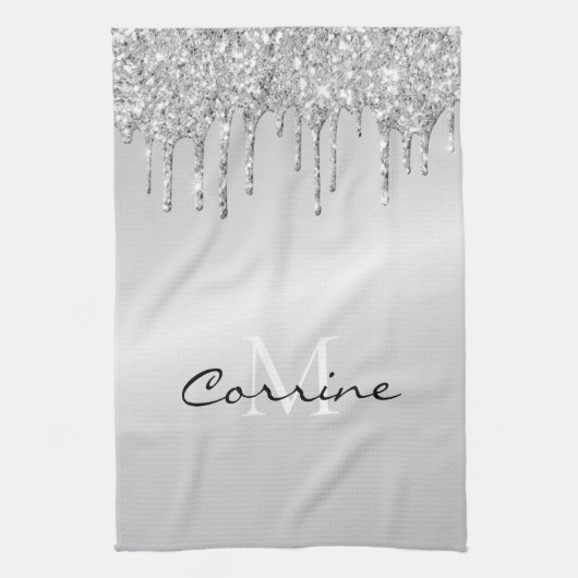 Monogram zilveren druppelaar Glitter Metallic Plat Theedoek (Verticaal)