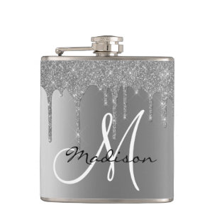 Monogram zilveren glitter druppels Girly Heupfles