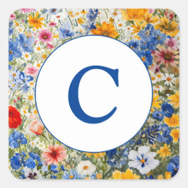 Monogram Zomer Wildbloemen Waterverf Vierkante Sticker