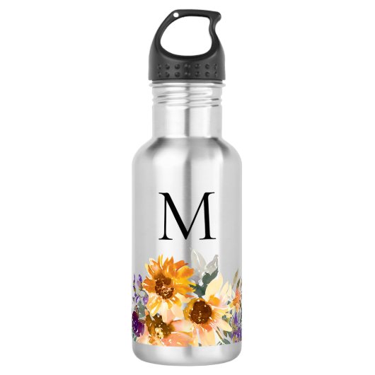 Monogram Zonnebloem Waterverf Floral Waterfles (Voorkant)