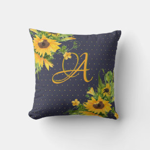 Monogram Zonnebloemen Blauw Geel Decor Modern Kussen