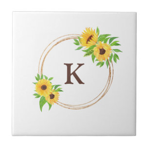 Monogram Zonnebloemen Gouden Frame Groene Bladeren Tegeltje