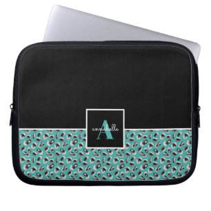 Monogram zwart & Aqua Leopard Animal Print Laptop Sleeve