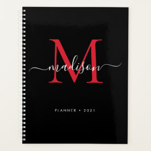 Monogram Zwart Bourgondië Girly Script Naam 2021 Planner