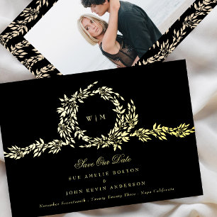 Monogram Zwart Crest Klassieke Bruiloft Foto Goud Folie Uitnodiging