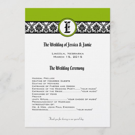 Monogram Zwart Damast Wedding Programma (Voorkant)