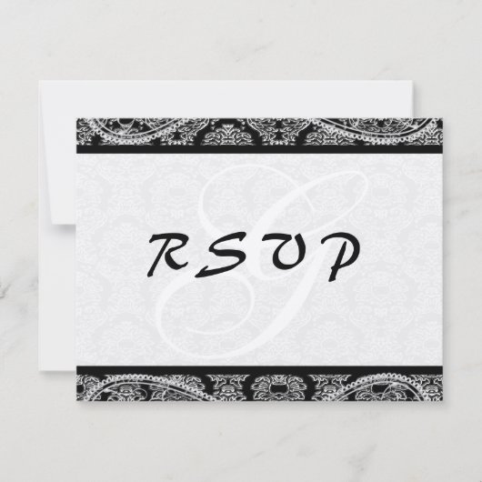 Monogram Zwart Damast Wedding Response RSVP (Voorkant)