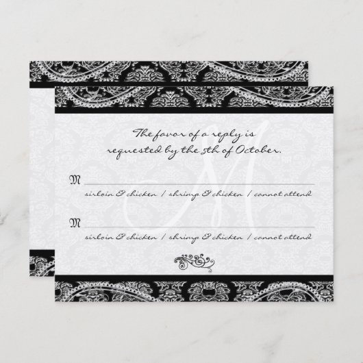 Monogram Zwart Damast Wedding Response RSVP (Voorkant / Achterkant)