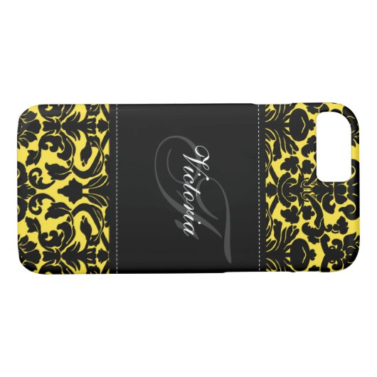 Monogram zwart en geel Damask iPhone 7 Hoesje (Achterkant (Horizontaal))
