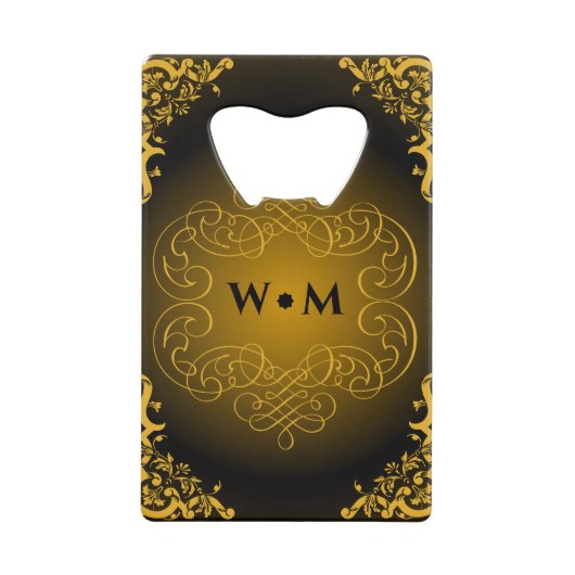 Monogram zwart en goud met decoratieve elementen kredietkaart flessenopener (Voorkant)