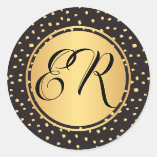 Monogram Zwart en goud penseelstreken polka stippe Ronde Sticker