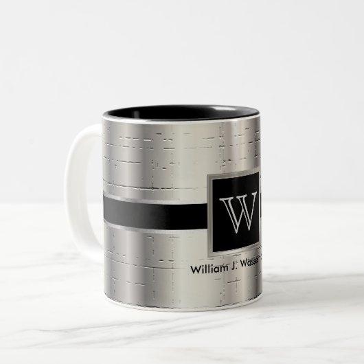 Monogram zwart en metaalzilver tweekleurige koffiemok (Voorkant links)