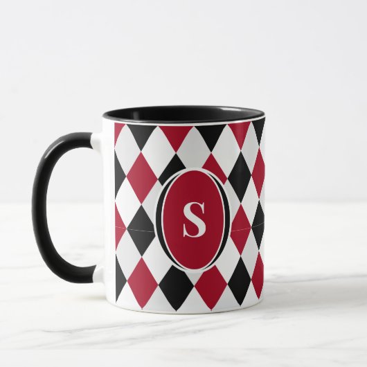 Monogram Zwart en Rood Harlekijn Ruitpatroon Mok (Links)