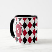 Monogram Zwart en Rood Harlekijn Ruitpatroon Mok (Voorkant links)